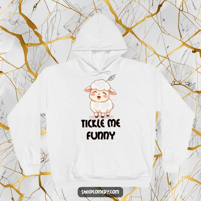 Funny sheep hoodie, a fluffy sheep giggling heartily as a feather tickles its chin, cozy humorous gift.