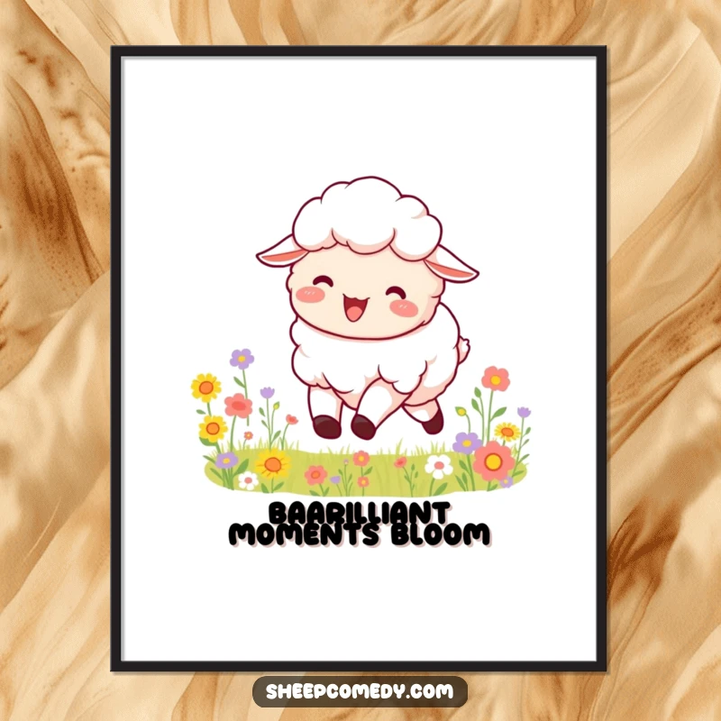 Free Printable Wall Art: A fluffy sheep with a joyful expression bounds energetically through a meadow bursting with colorful flowers.