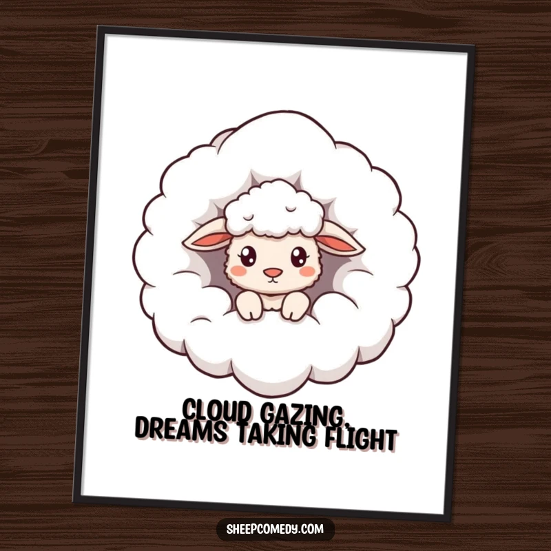 Funny Free Printable Cloud Sheep Wall Art: Sheep curiously peeking from a giant fluffy cloud, adding a touch of magic.