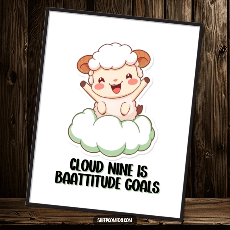 Funny Free Printable Sheep Wall Art: A sheep joyfully bouncing energetically on a big, fluffy green cloud.