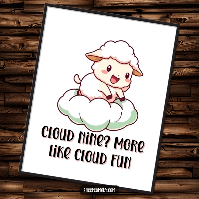 Funny Free Printable Wall Art: A sheep joyfully bouncing playfully on a fluffy, green cloud.