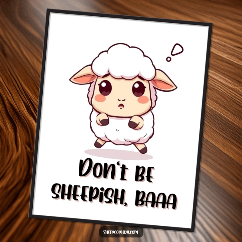 Funny Free Printable wall art of a sheep that has stumbled and is recovering with a wide-eyed, surprised 'baaa'.
