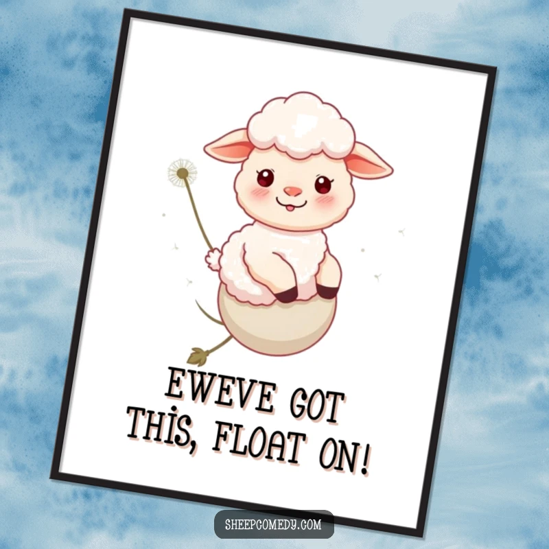 Funny Free Printable Wall Art: Joyful sheep rides a dandelion float, bringing whimsical charm and a sense of dreamy adventure.