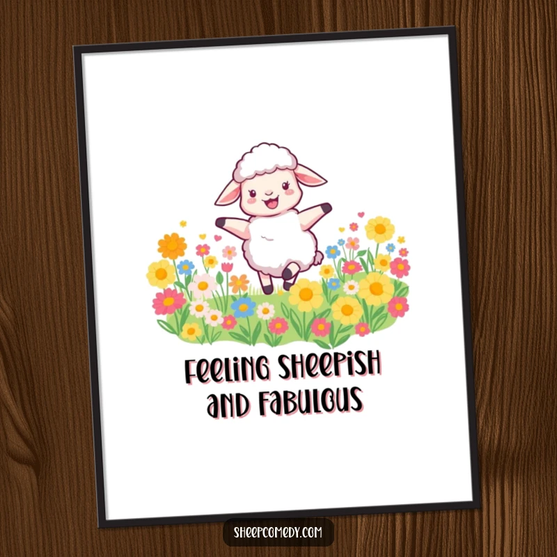Funny free printable sheep wall art capturing a sheep spinning with pure joy in a meadow bursting with colorful flowers.