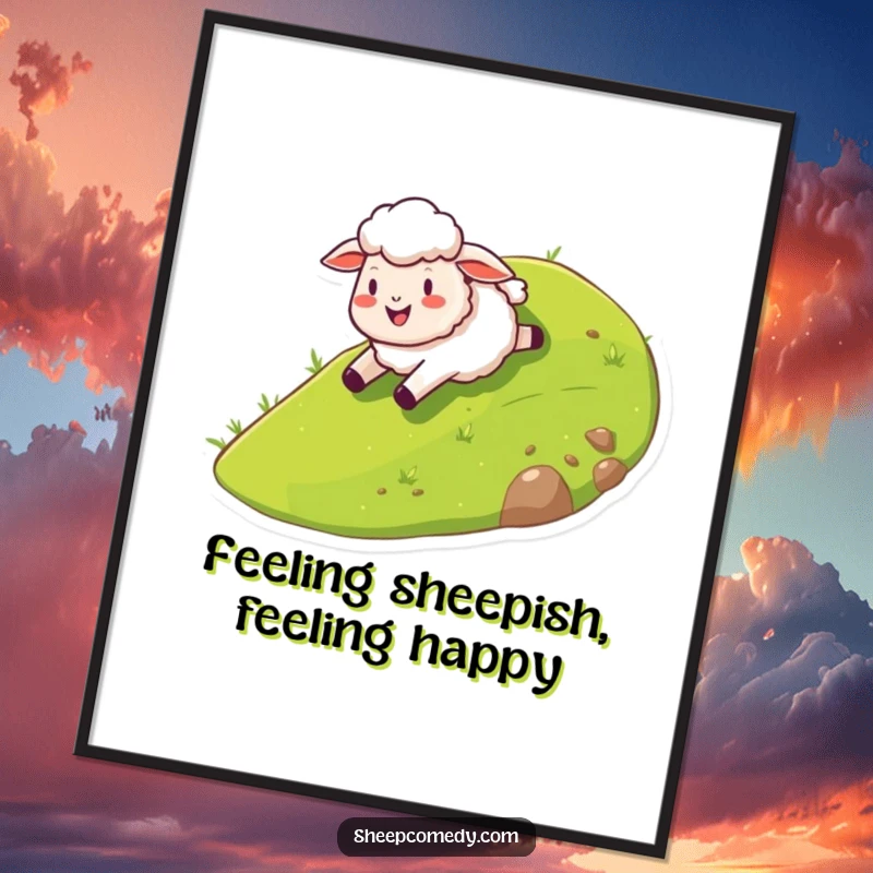 Funny Free Printable Wall Art: A gleeful sheep having the time of its life sliding down a grassy hill, downloadable.
