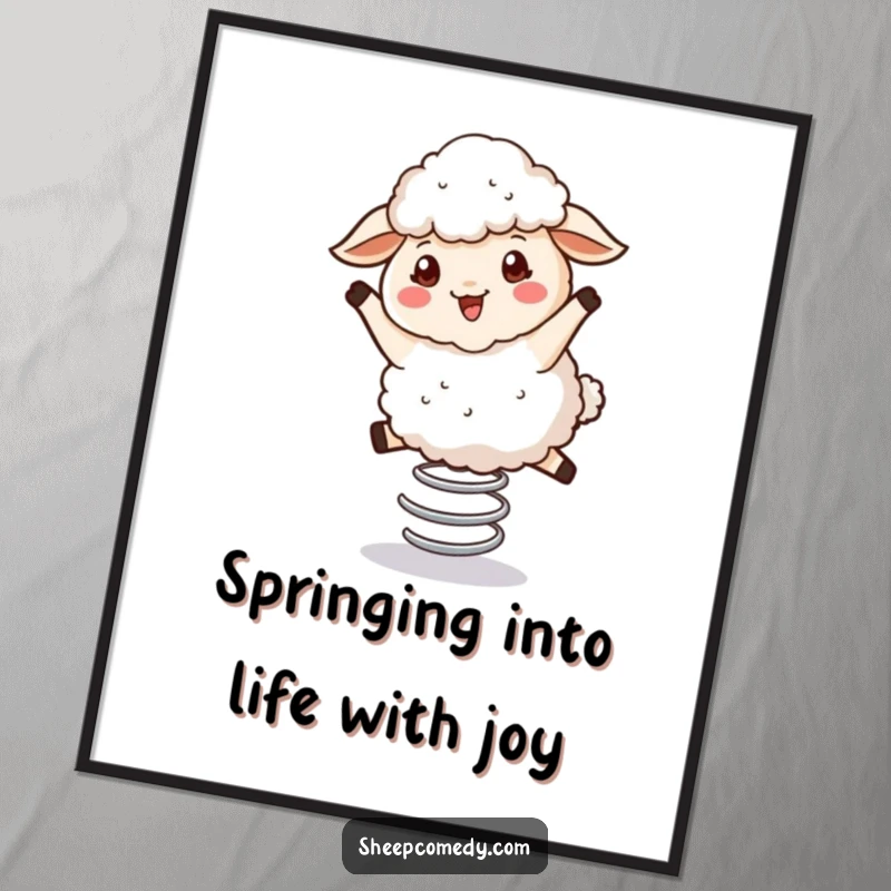 Funny Free Printable Bouncy Sheep Wall Art: Fluffy sheep joyfully bouncing on a spring, bringing cheerful vibes.