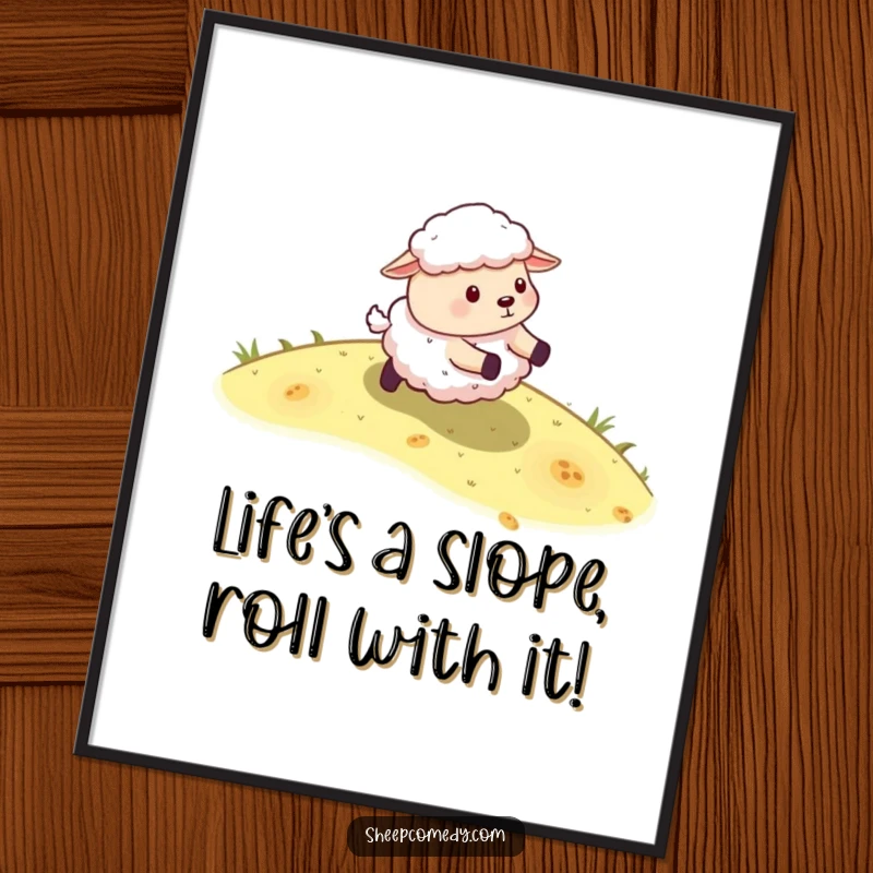 Funny Free Printable Wall Art: A sheep energetically rolling down a gentle, grassy slope.