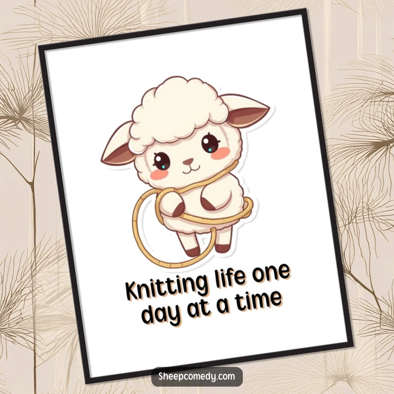 Funny free printable sheep wall art of a sheep playfully tangled in soft winding thread, a humorous and charming decoration.