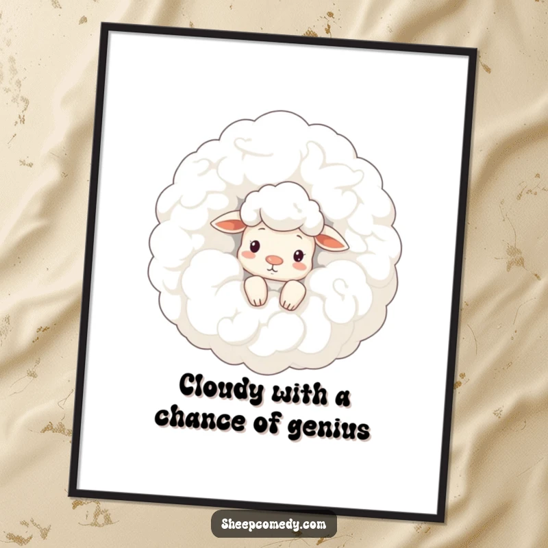 Funny Free Printable Wall Art: Sheep peeking curiously from behind a colossal woolly cloud, whimsical downloadable art.