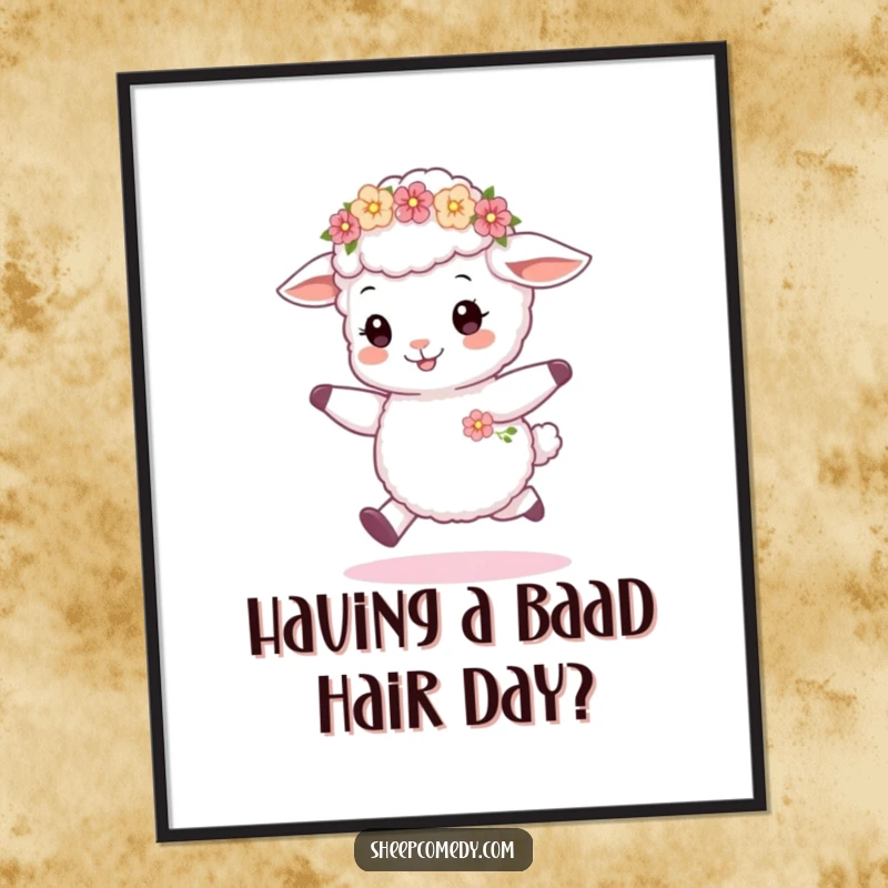 Funny Free Printable Wall Art of a sheep cub joyfully skipping with a tiny flower wreath, a cute and downloadable piece.