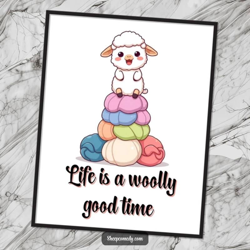 Funny Free Printable Wall Art of a delighted sheep character precariously balancing a tall stack of colorful, giant wool balls.