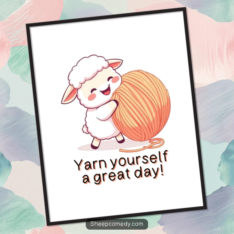 Funny Free Printable Wall Art: Active sheep joyfully attacks a huge bouncing yarn ball, embodying playful energy and chaotic fun.