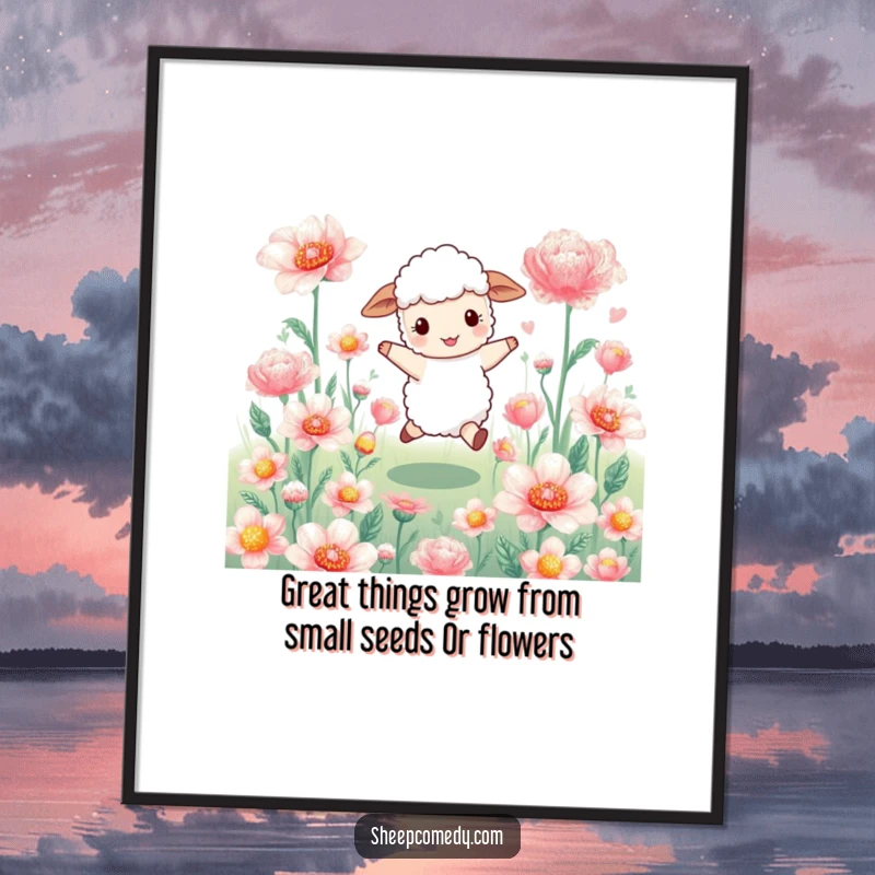 Funny Free Printable Wall Art: Sheep joyfully skipping through oversized shimmering flowers, cheerful downloadable art.