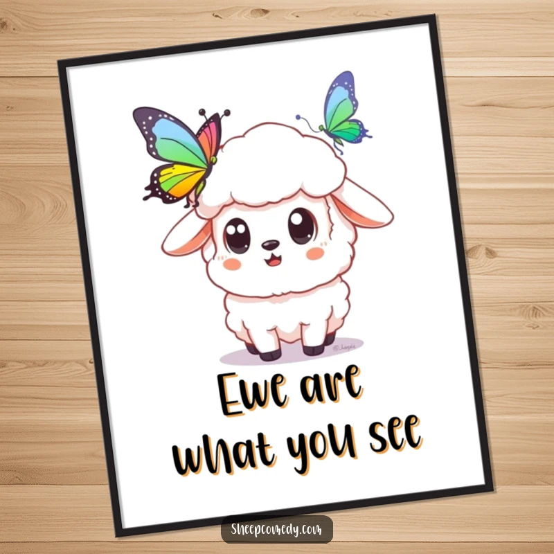 Funny Free Printable Wall Art: A sheep with wide eyes gazes at a stunning rainbow butterfly. Downloadable art.