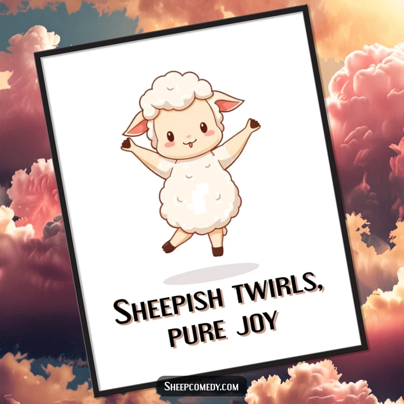 Funny Free Printable wall art of a sheep performing a wobbly, enthusiastic pirouette, radiating happiness.