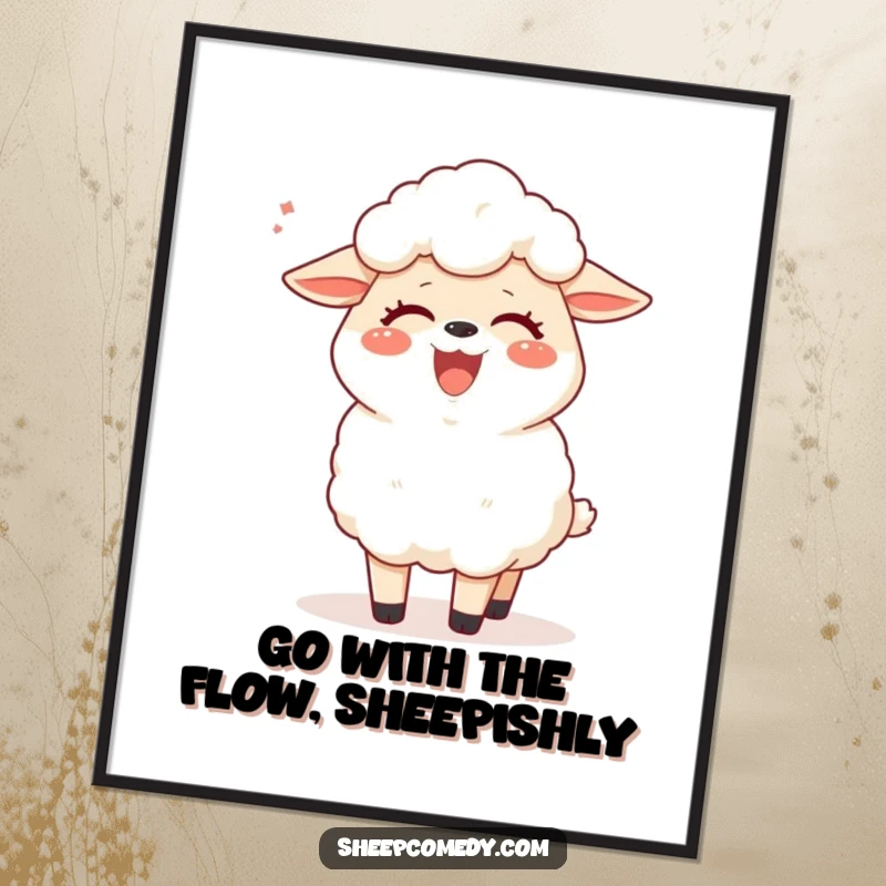 Funny Free Printable Wall Art depicting a fluffy sheep erupting in giggles as a gentle breeze playfully tickles its face.
