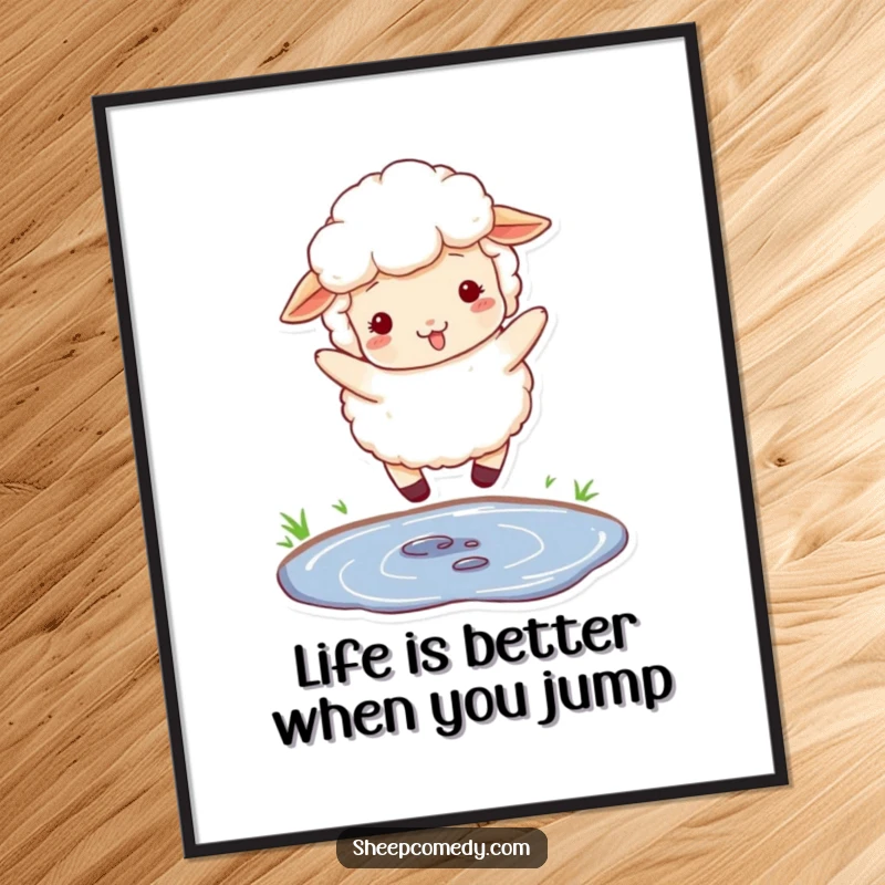 Funny Free Printable Wall Art: A fluffy sheep playfully jumping over a small puddle, bringing a sense of fun and joy. A charming downloadable piece.