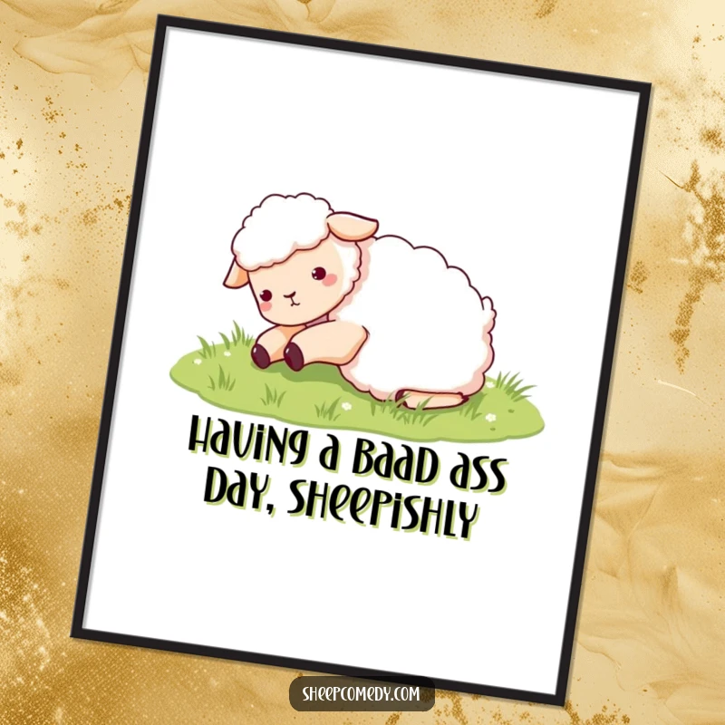 Funny Free Printable Wall Art showing a sheep gleefully rolling in soft green grass, radiating pure, unadulterated joy.