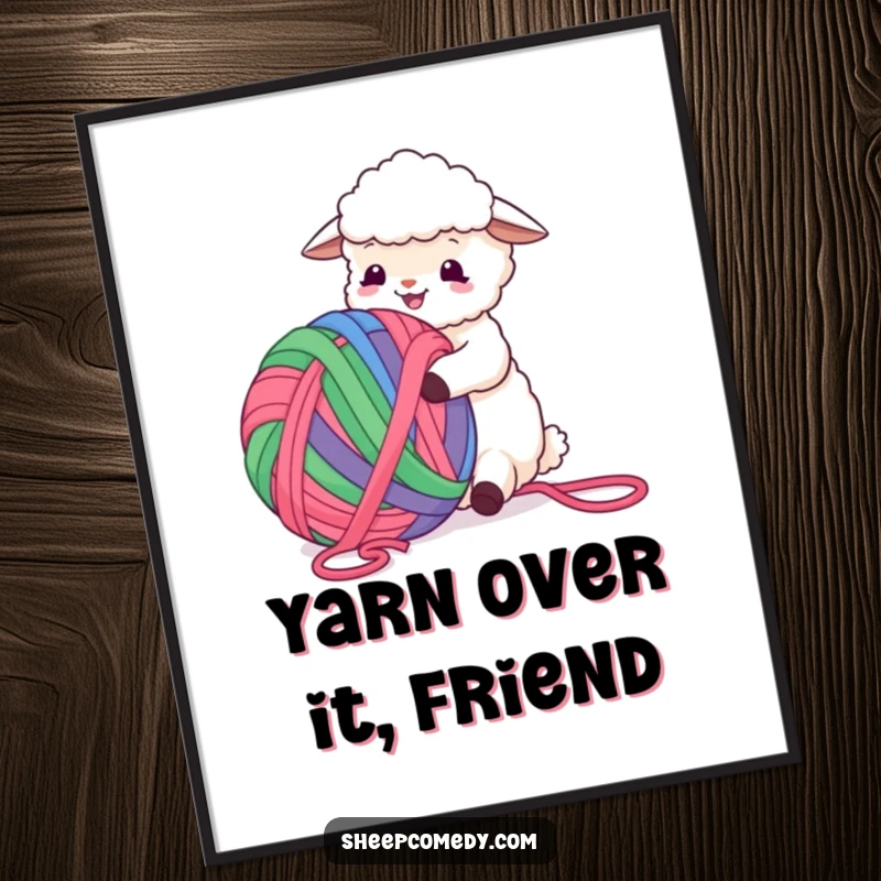 Funny Free Printable Wall Art: A sheep is joyfully swamped by a giant, colorful ball of yarn, creating whimsical decor.