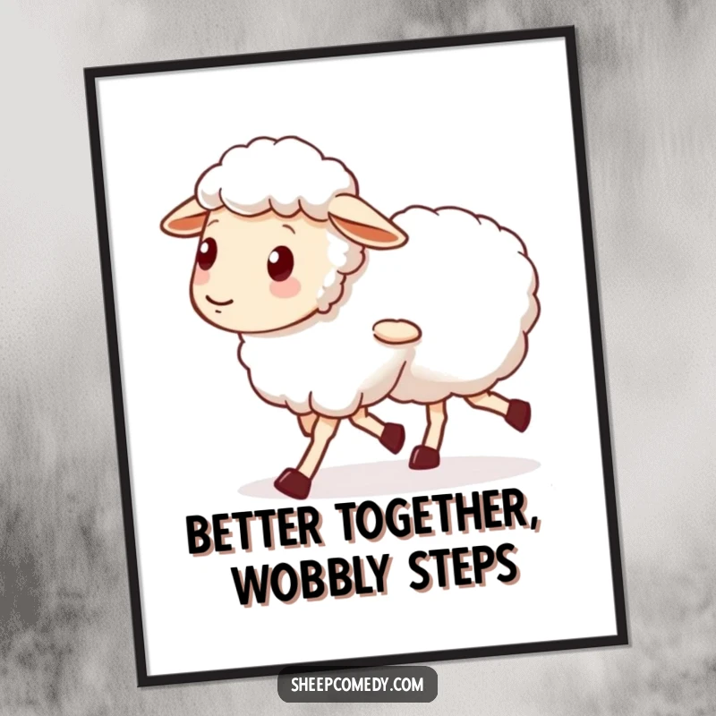 Funny Free Printable Wall Art: A sheep with unsteady legs walks alongside a supportive friend, capturing the essence of companionship.