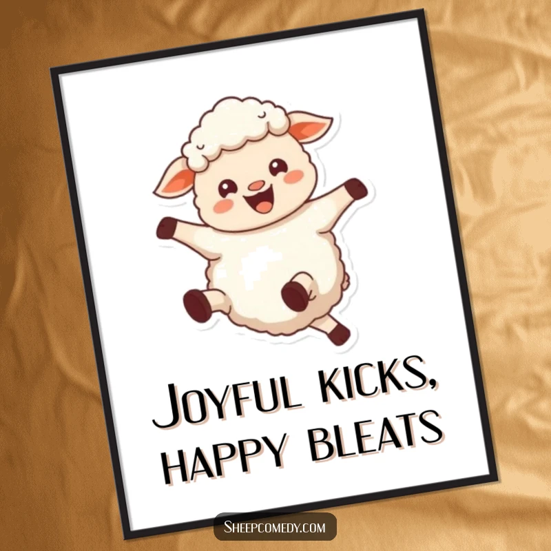 Funny Free Printable Wall Art: A sheep joyfully bleats with its woolly legs kicking energetically in the air.