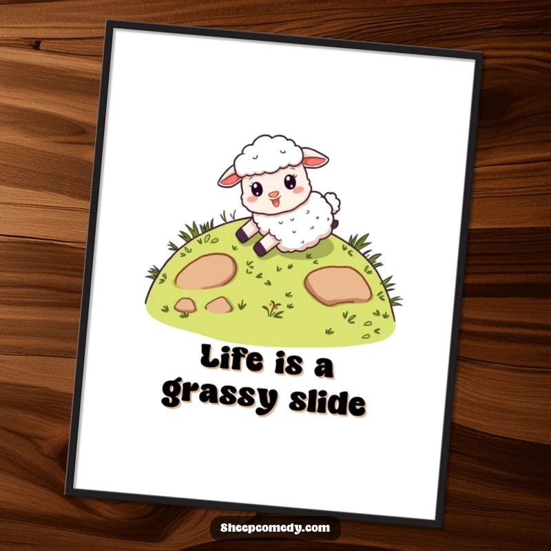 Funny Free Printable Wall Art of a giddy sheep character joyfully sliding down a whimsical, grassy hill with a big smile.