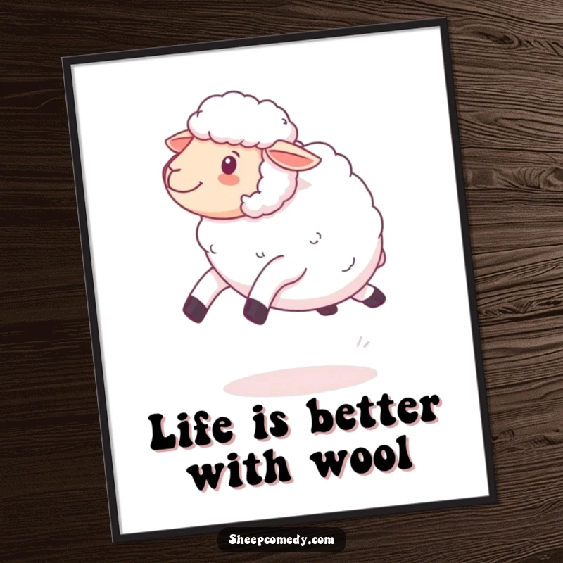 Funny Free Printable Wall Art of a kawaii sheep with fluffy wool, bouncing and leaping playfully, a cute downloadable.