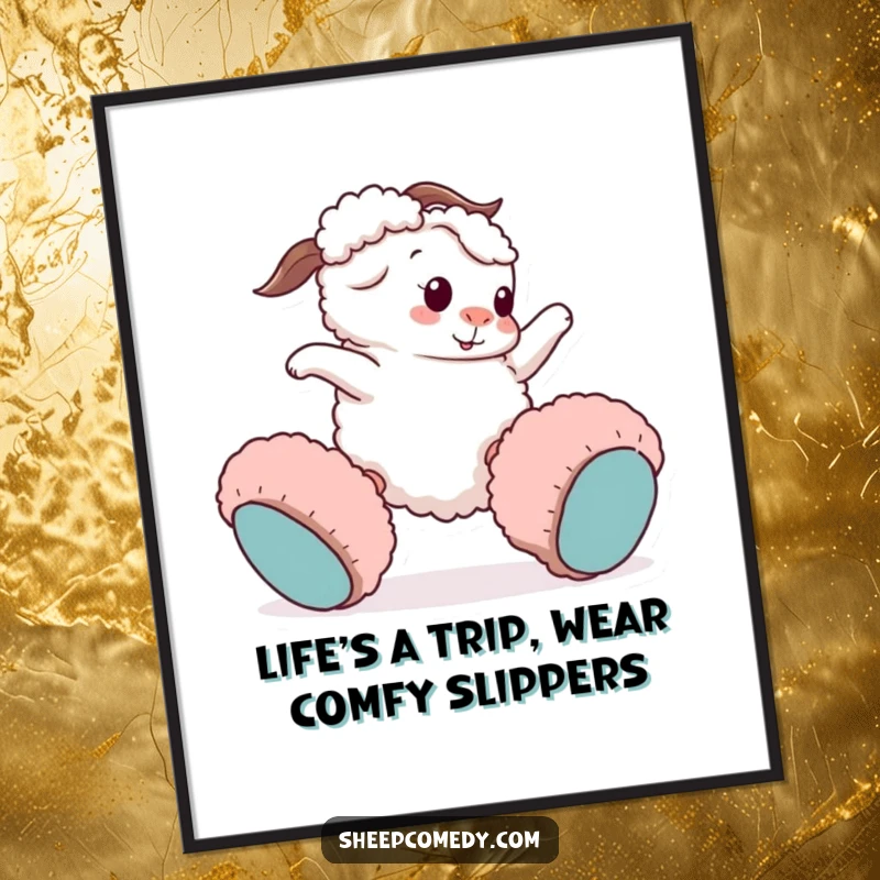 Funny Free Printable Wall Art: Sheep comically tripping while wearing enormous fuzzy slippers, silly downloadable art.