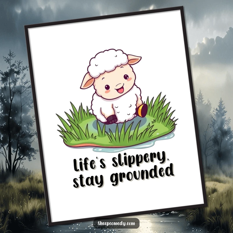 Funny Free Printable Wall Art: A sheep comically slips on shiny, wet grass, creating a humorous and relatable scene.