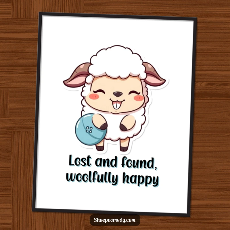 Funny Free Printable Wall Art: A sheep with a mischievous grin nudges a lost button, creating humorous decor.
