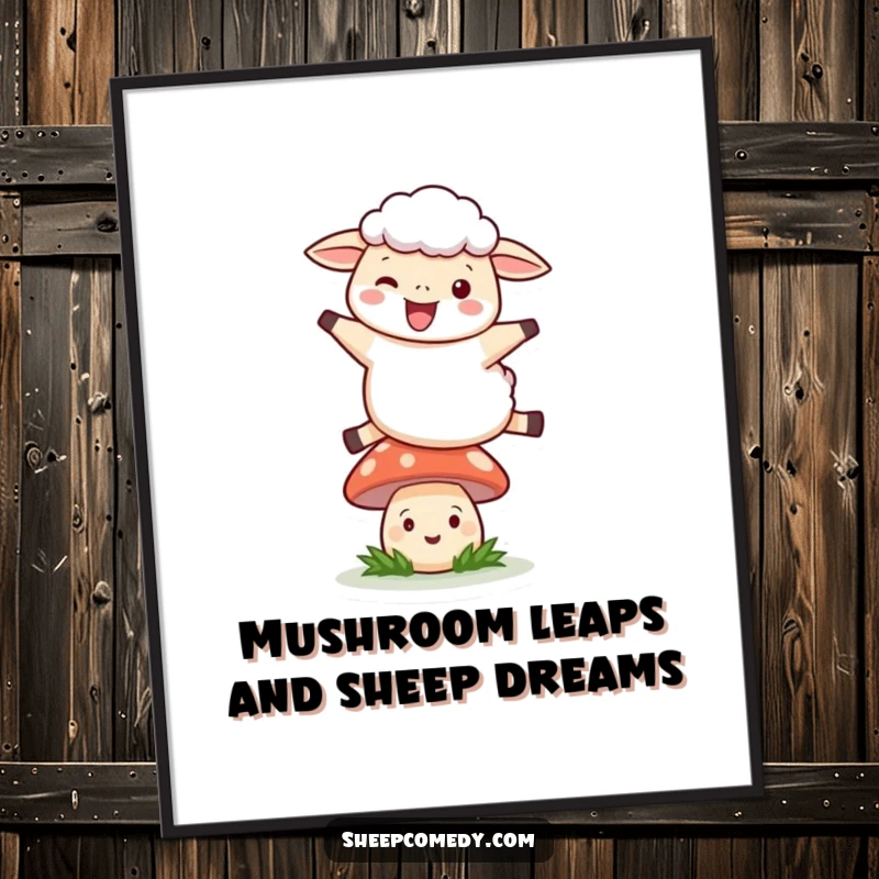 Funny Free Printable Leaping Sheep Wall Art: Sheep joyfully leaping over a smiling mushroom, creating a whimsical scene.