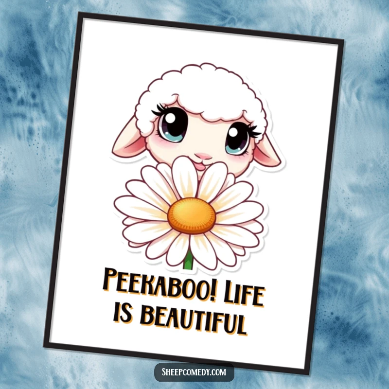Funny Free Printable Wall Art: A sheep with large, curious eyes peeking from behind a big daisy, adding charm. A sweet downloadable piece.