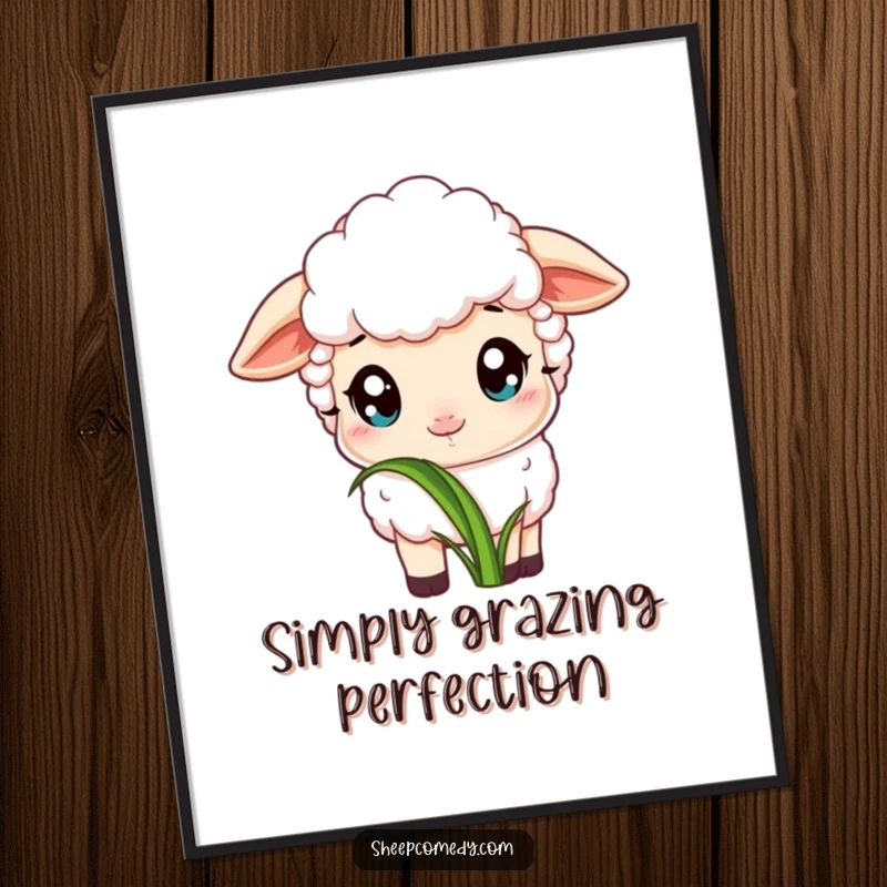Free Printable Wall Art: A sheep with wide, innocent eyes contentedly nibbles on a single, lush blade of grass.