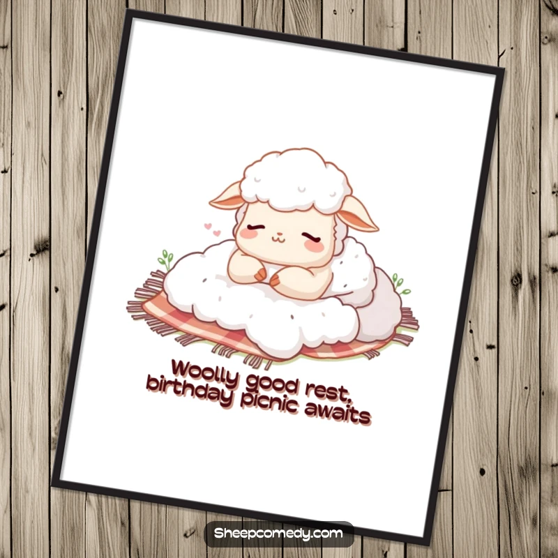 Funny Free Printable Wall Art: Content sheep with eyes closed, happily sighing while napping on a fluffy picnic blanket.