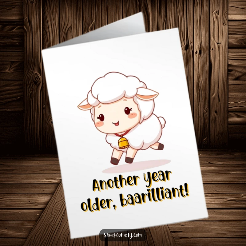 Funny Free Printable Birthday Card: A happy sheep with a tiny bell joyfully skips, spreading birthday smiles.