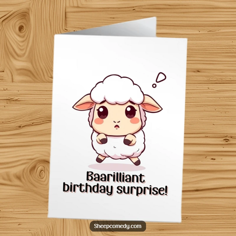 Funny Free Printable birthday card of a sheep mid-stumble, eyes wide, letting out a surprised 'baaa'.