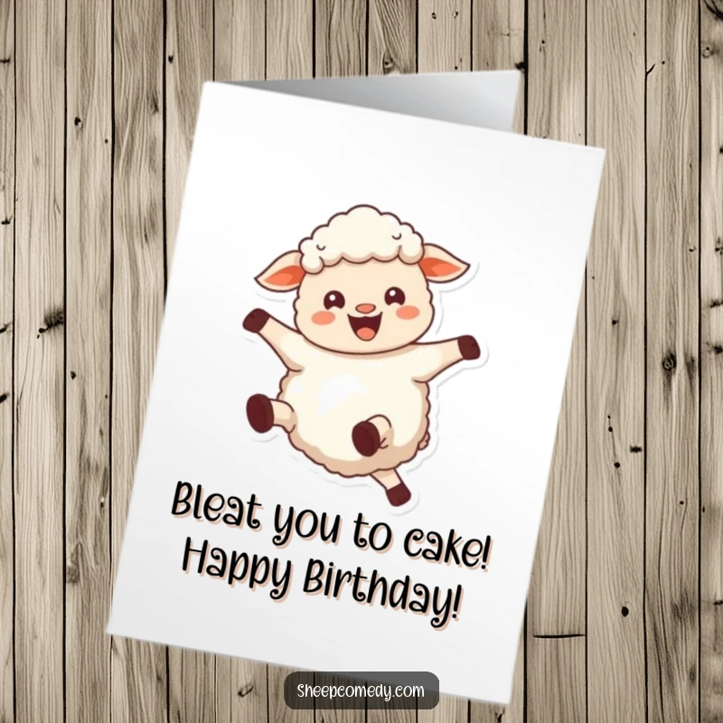 Funny Free Printable Birthday Card: A sheep lets out a joyful bleat with its woolly legs kicking high.