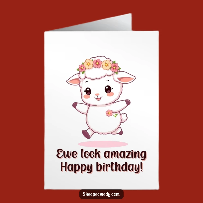 Free Printable Birthday Card: Funny Sheep Cub Skipping, Downloadable Joyful Greeting