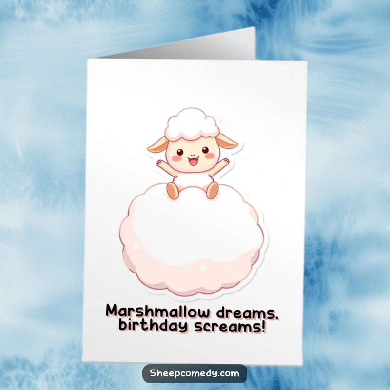 Funny Free Printable Birthday Card: Sheep gleefully bouncing on a huge fluffy marshmallow, pure joy download.