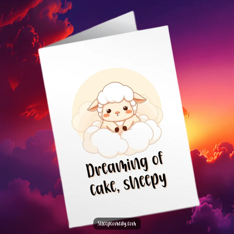 Funny Free Printable Birthday Card showing a sheep sighing contentedly while nestled among soft, fluffy clouds, pure bliss.