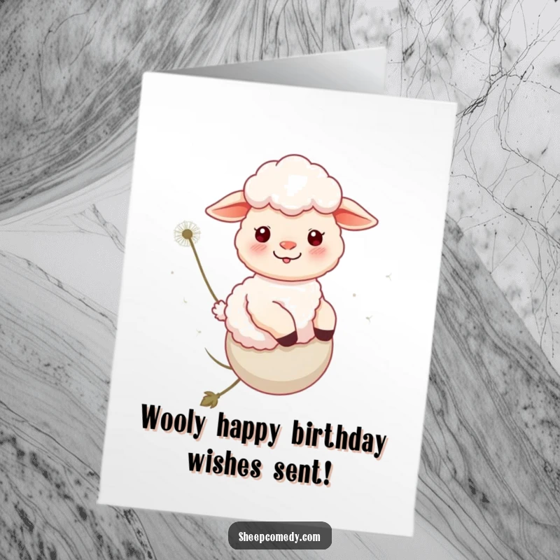 Funny Free Printable Birthday Card: Sheep happily rides a dandelion float, sending birthday wishes with airy charm.