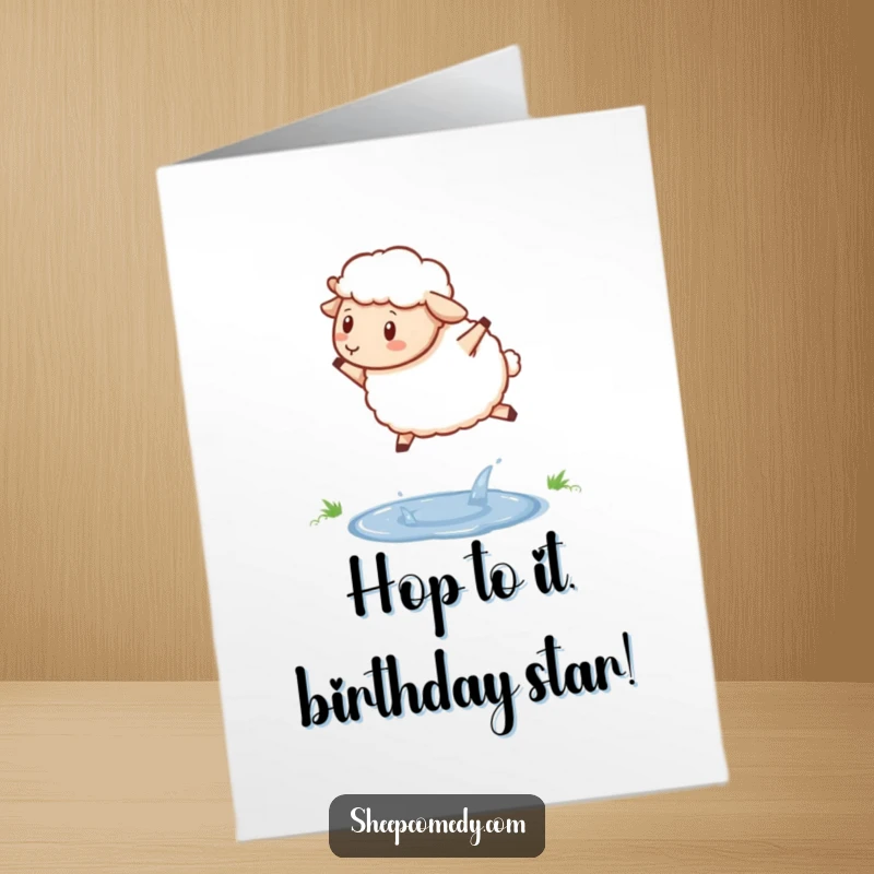 Funny Free Printable Birthday Card: A sheep happily hops over a small sparkling puddle with determination.