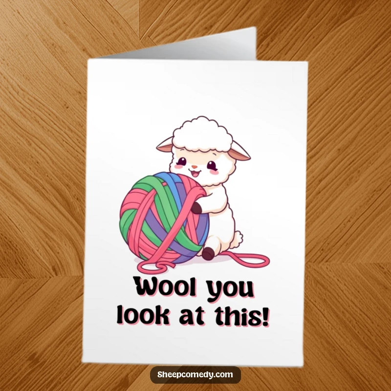 Funny Free Printable Birthday Card: Sheep joyfully tangles with a massive, vibrant yarn ball, spreading birthday cheer.