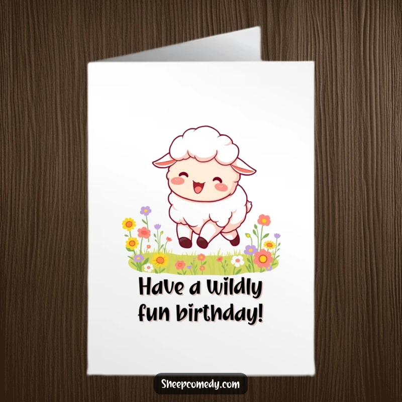 Funny Free Printable Birthday Card: A fluffy sheep joyfully bounds with a happy bleat through a vibrant field of flowers.