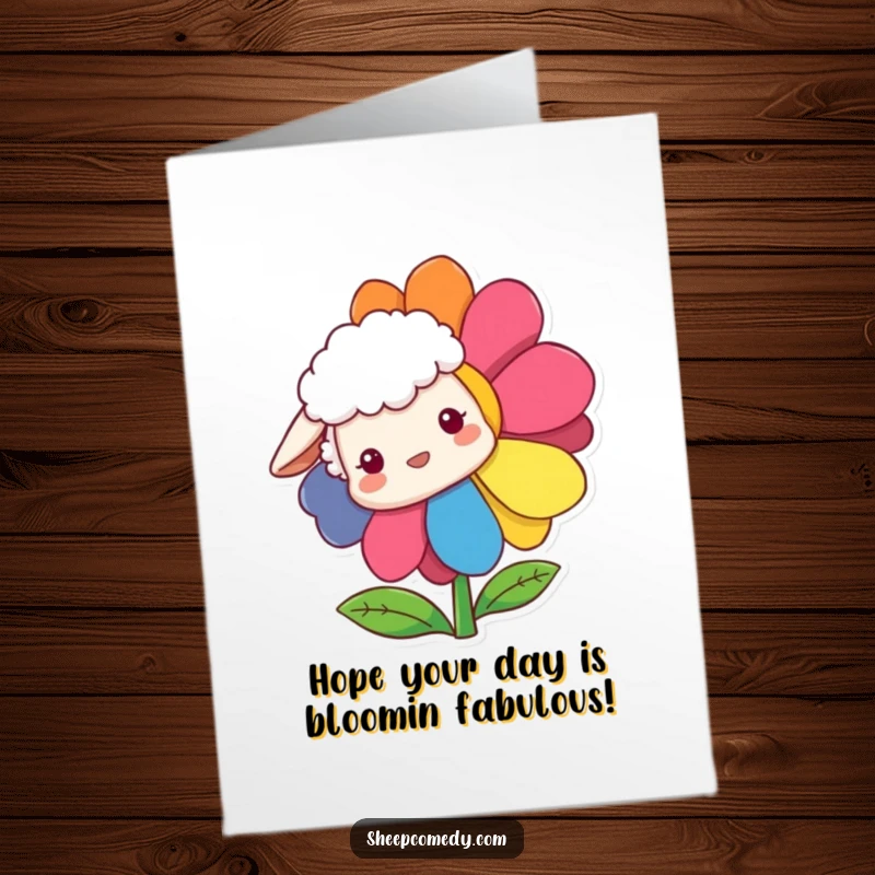 Funny Free Printable Birthday Card: A sheep curiously peeks from behind a vibrant, rainbow-colored flower, wishing happy birthday.