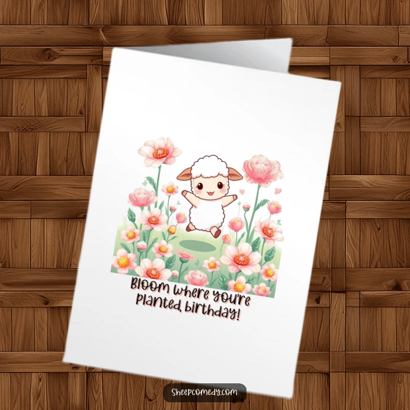 Funny Free Printable Birthday Card: Sheep skipping through oversized shimmering flowers, cheerful birthday download.