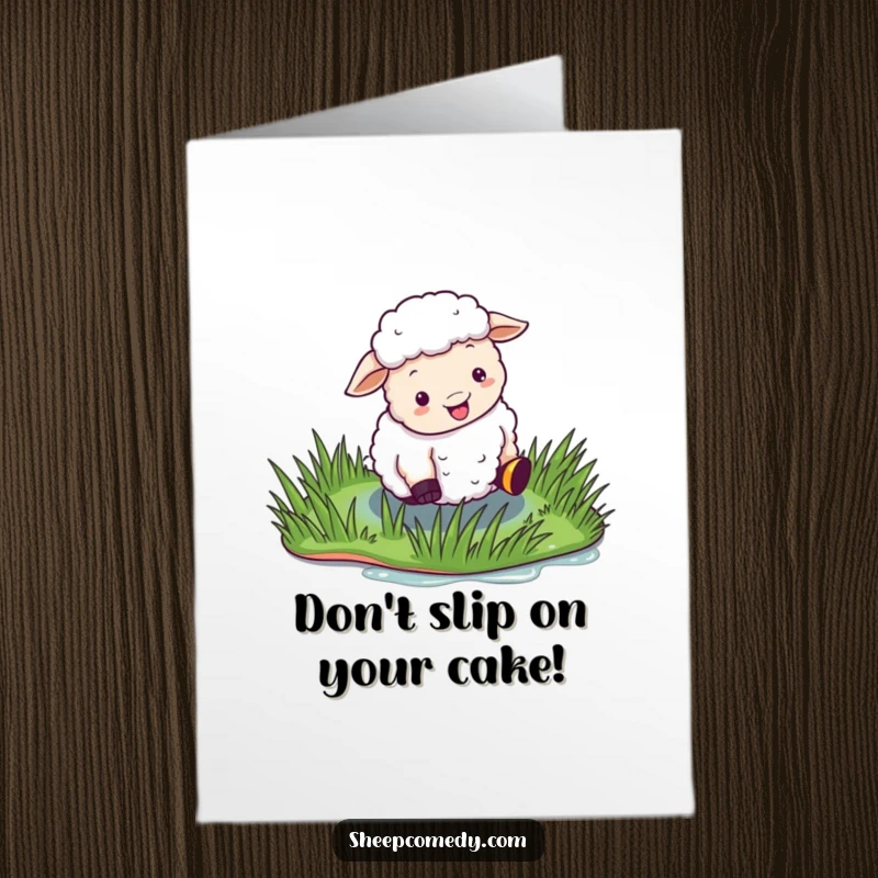 Funny Free Printable Birthday Card: A sheep comically slips on shiny, wet grass, wishing a happy birthday with a mishap.