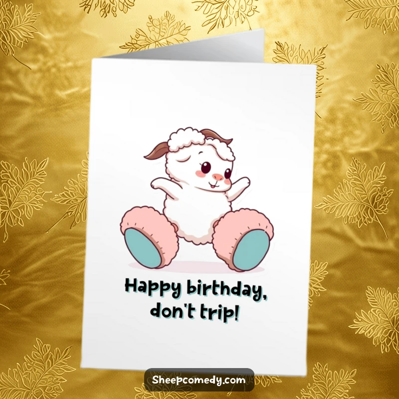 Funny Free Printable Birthday Card: Sheep comically tripping in huge fuzzy slippers, hilarious birthday download.