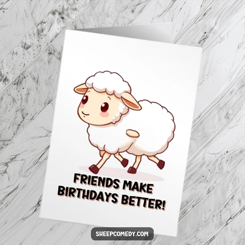 Funny Free Printable Birthday Card: A sheep with unsteady legs takes a walk alongside a supportive friend, celebrating joyfully.