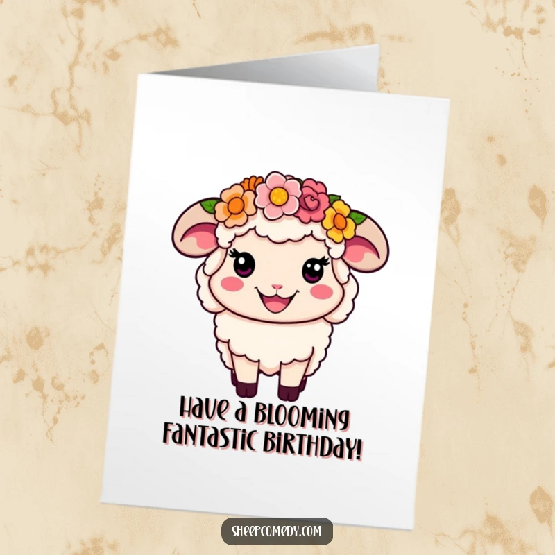 Funny Free Printable Flower Crown Sheep Birthday Card: Smiling sheep with a vibrant flower crown, radiating birthday happiness.